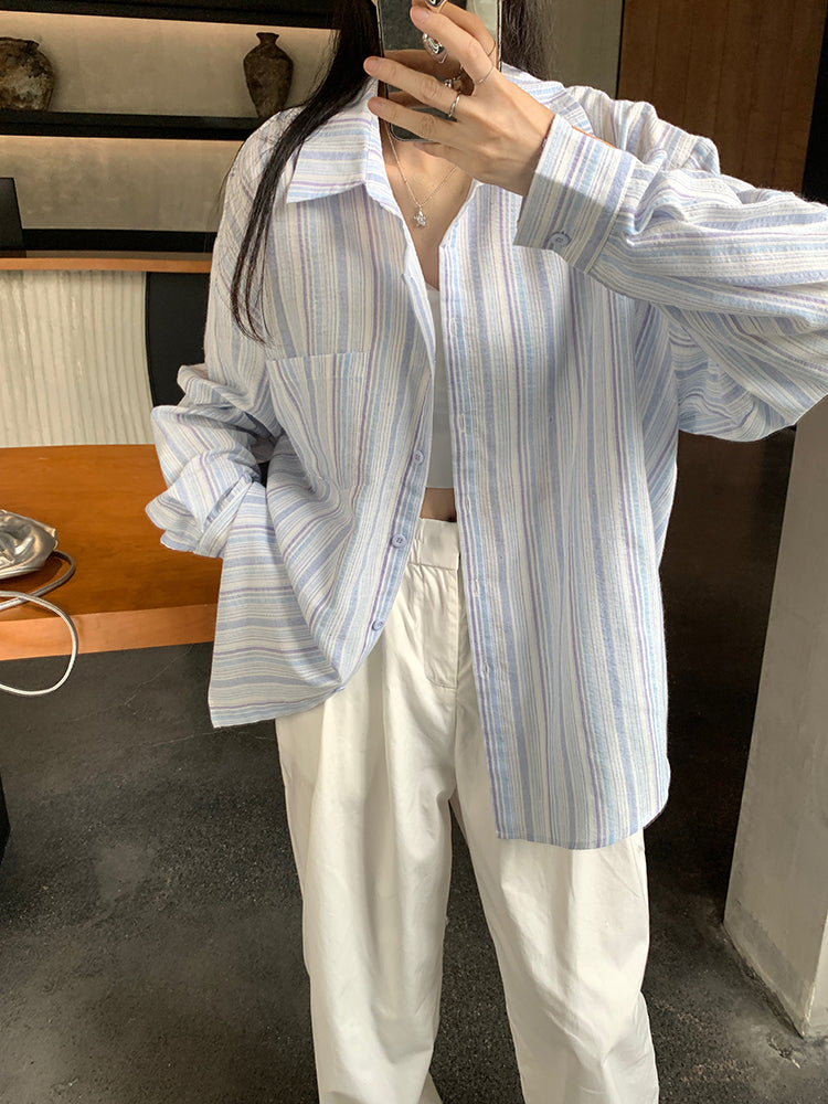 Women Spread Collar Striped Oversized Casual Shirt