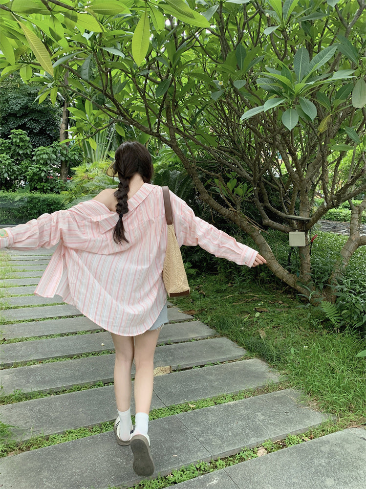Women Spread Collar Striped Oversized Casual Shirt