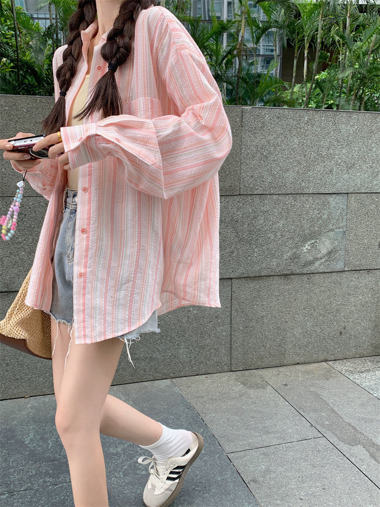 Women Spread Collar Striped Oversized Casual Shirt