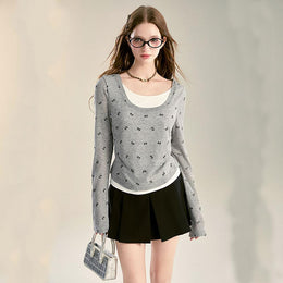 Women Grey Square Neck Long Sleeve Top