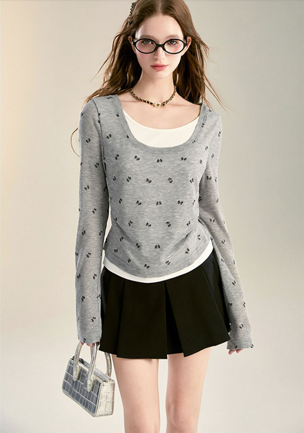 Women Grey Square Neck Long Sleeve Top