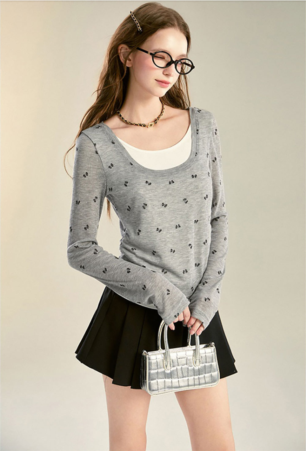 Women Grey Square Neck Long Sleeve Top