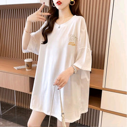 White Graphic Printed Drop-Shoulder Sleeves Cotton T-shirt Dress
