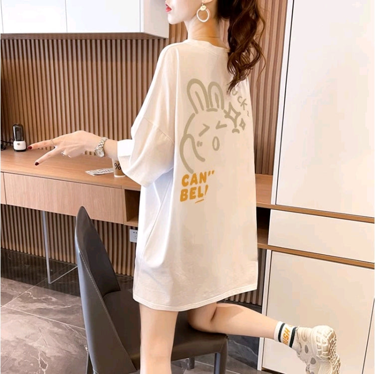 White Graphic Printed Drop-Shoulder Sleeves Cotton T-shirt Dress