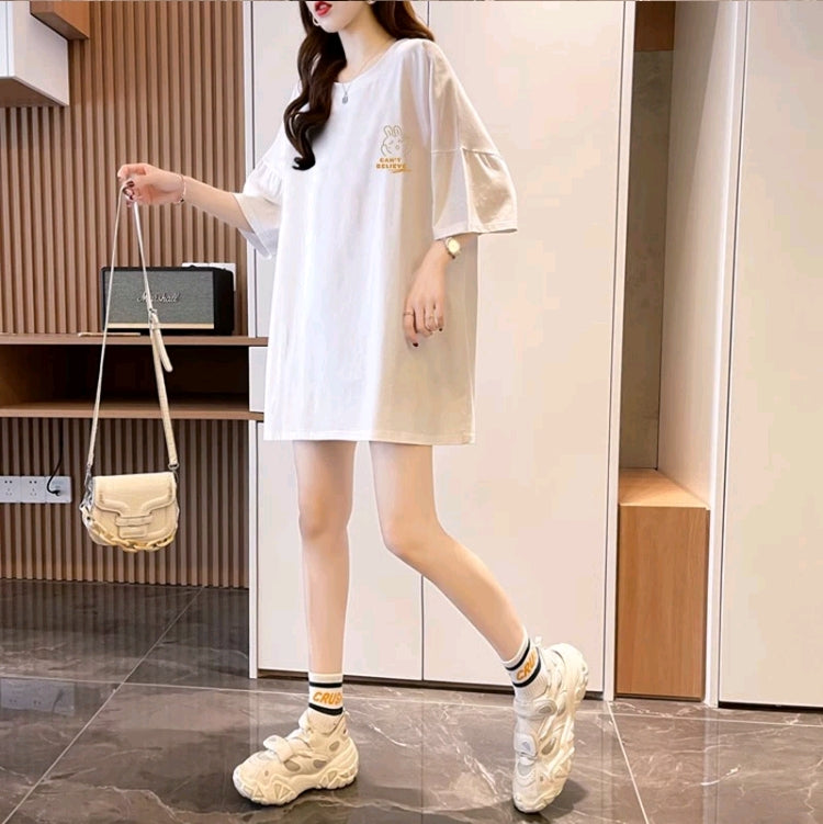White Graphic Printed Drop-Shoulder Sleeves Cotton T-shirt Dress