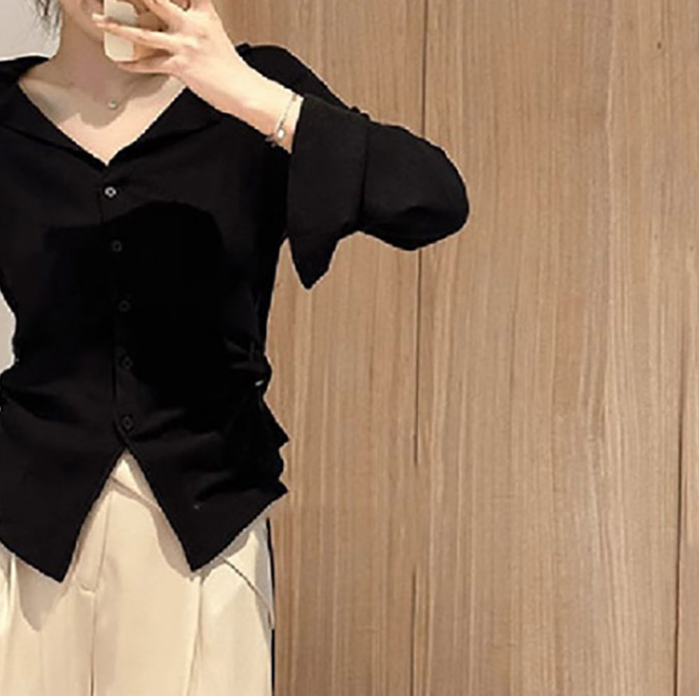 Black Lapel Collar Casual Top