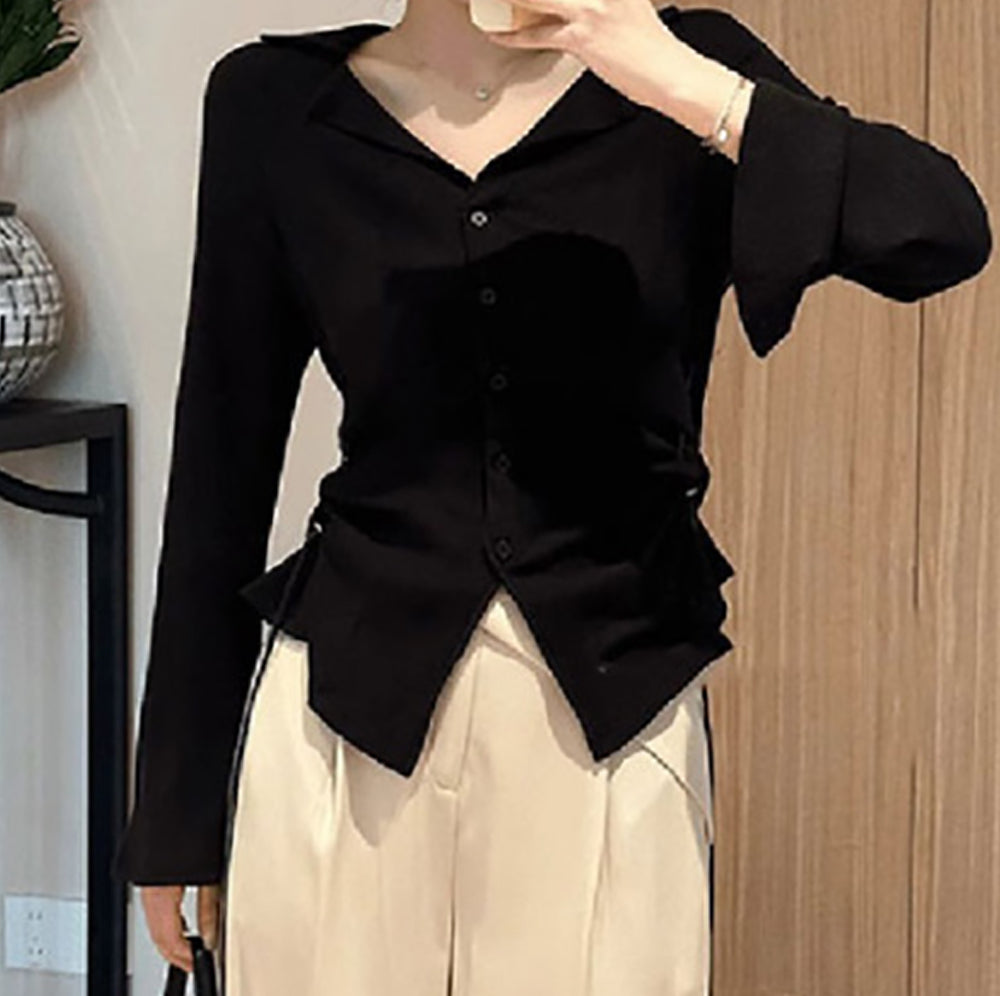 Black Lapel Collar Casual Top