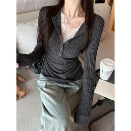 StyleCast Women Grey Ribbed V-neck Top