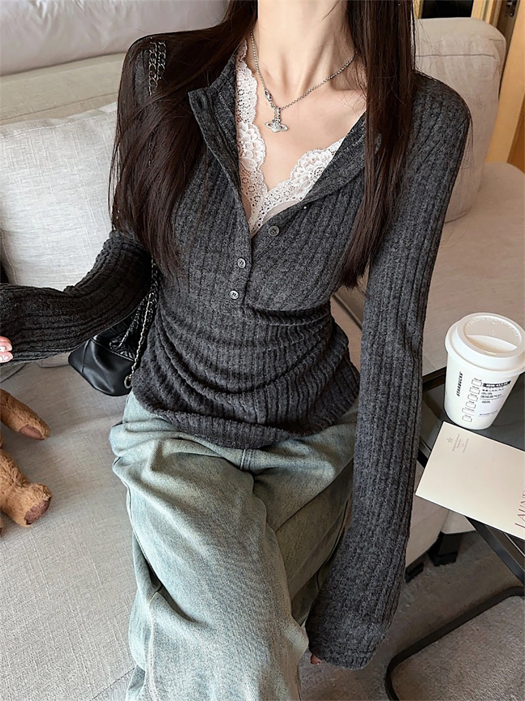 StyleCast Women Grey Ribbed V-neck Top