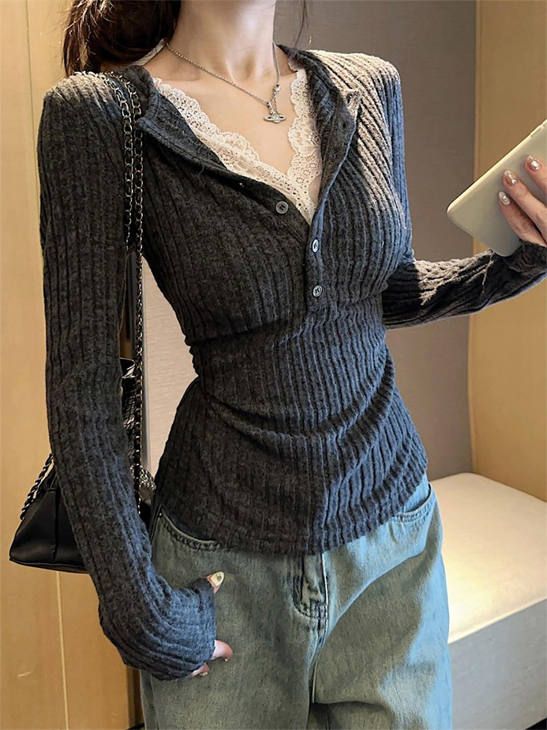 StyleCast Women Grey Ribbed V-neck Top