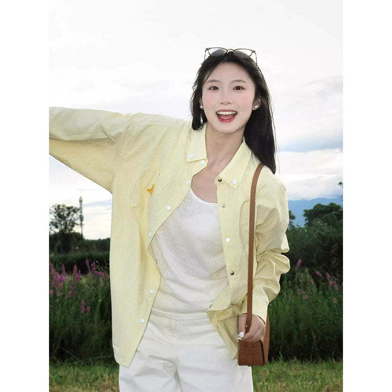 Women Spread Collar Vertical Striped Casual Shirt