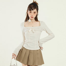 Beige Square Neck Long Sleeves Top