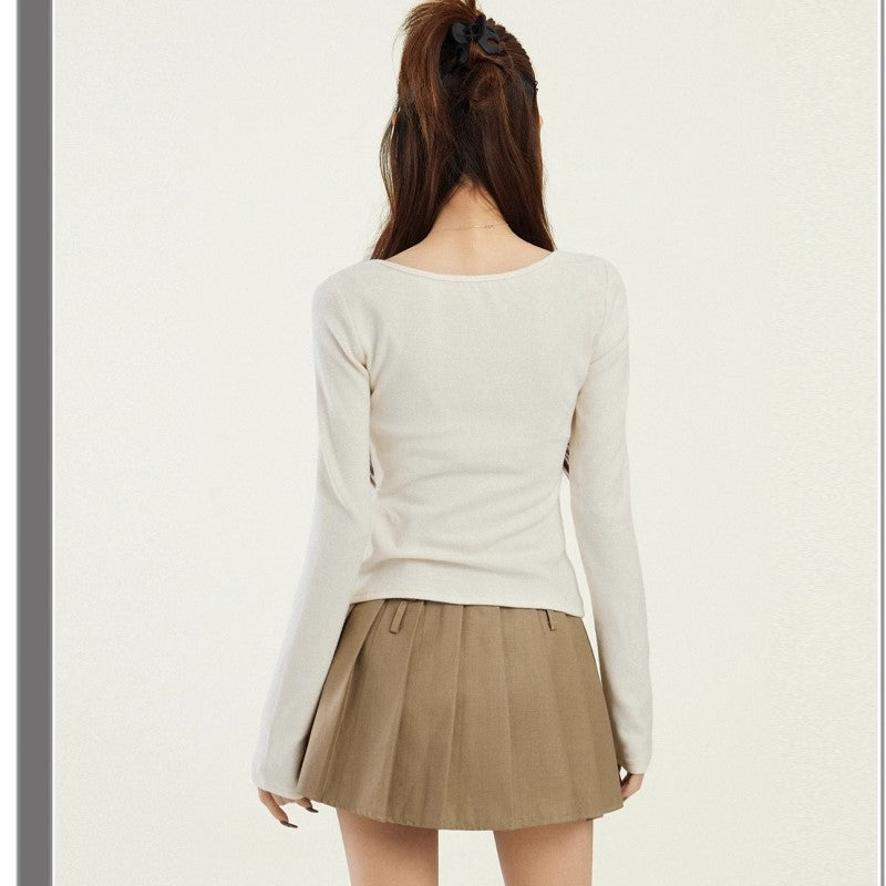 Beige Square Neck Long Sleeves Top