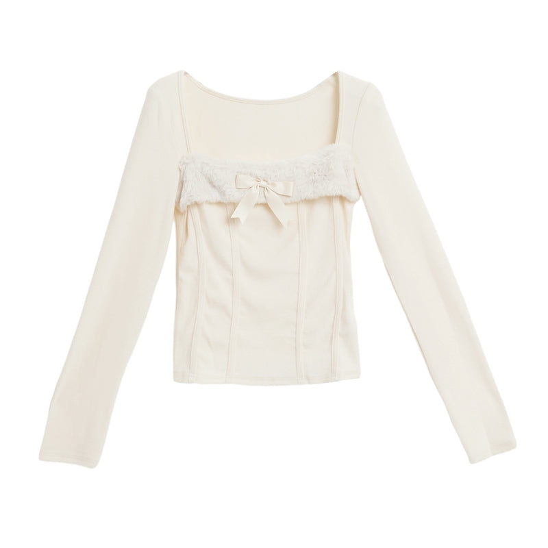 Beige Square Neck Long Sleeves Top