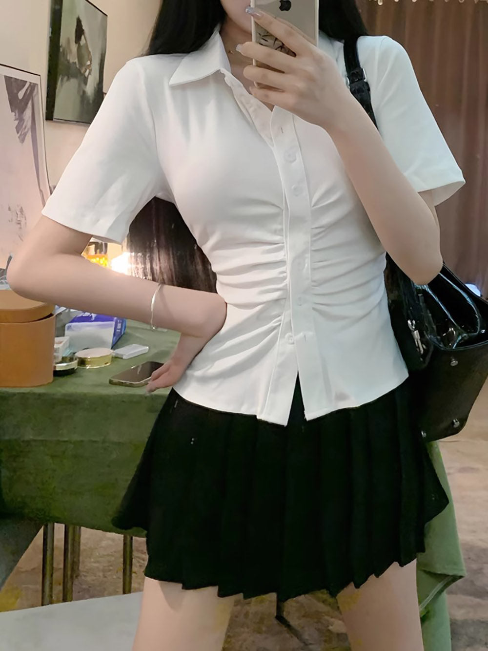 Women Solid Shirt Collar Top