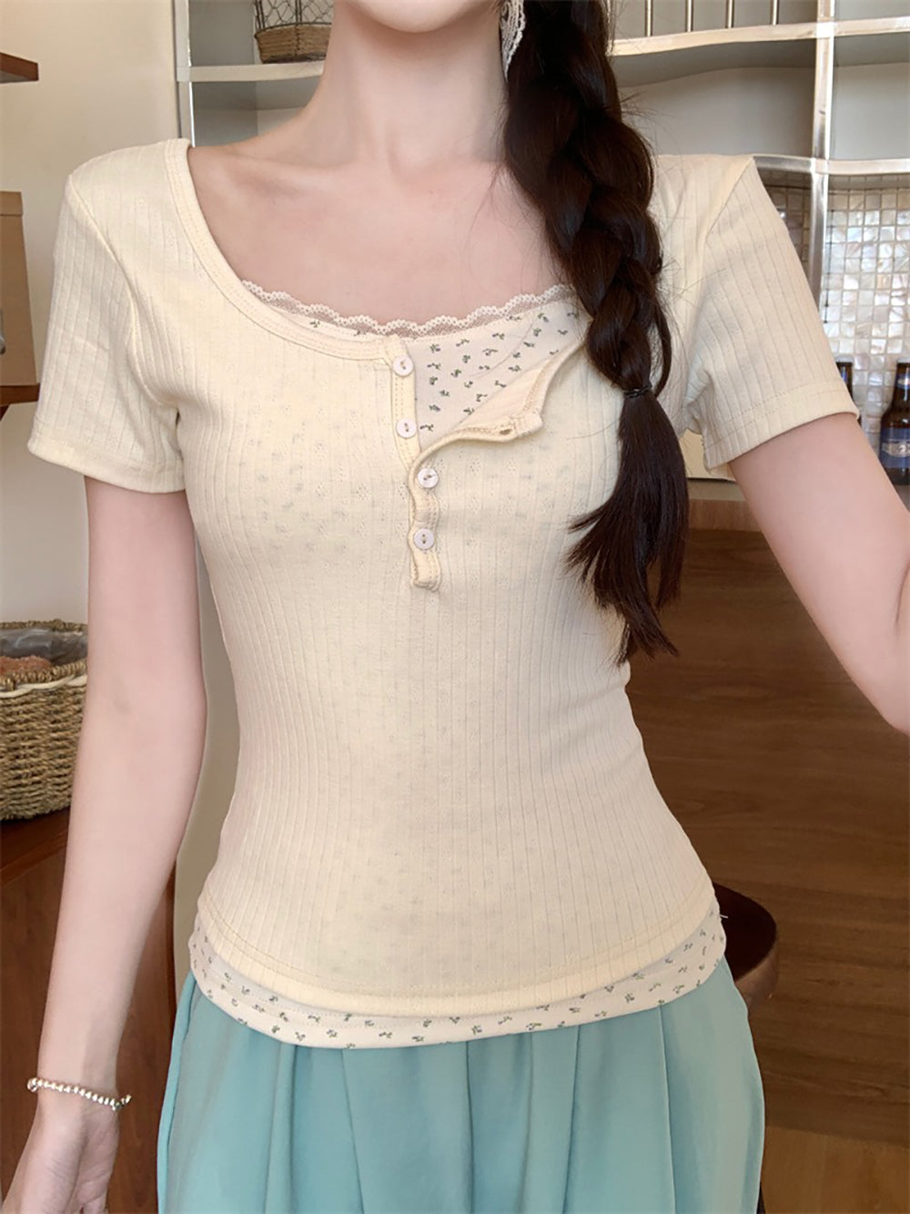 Print Lace Inserts Top