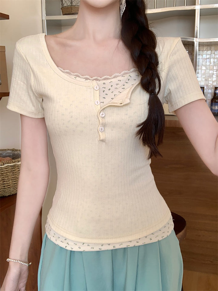 Print Lace Inserts Top