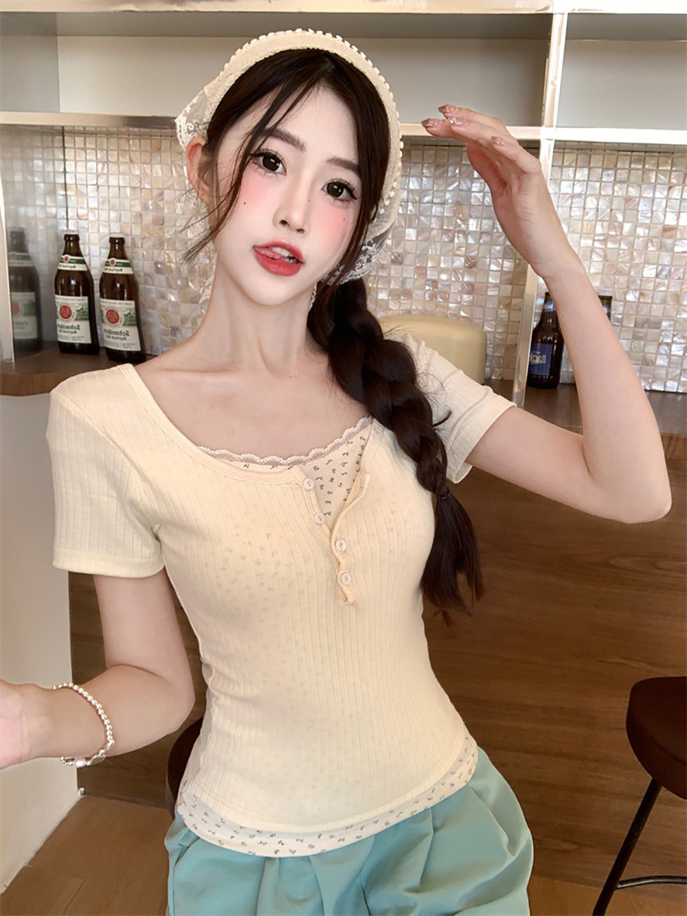 Print Lace Inserts Top