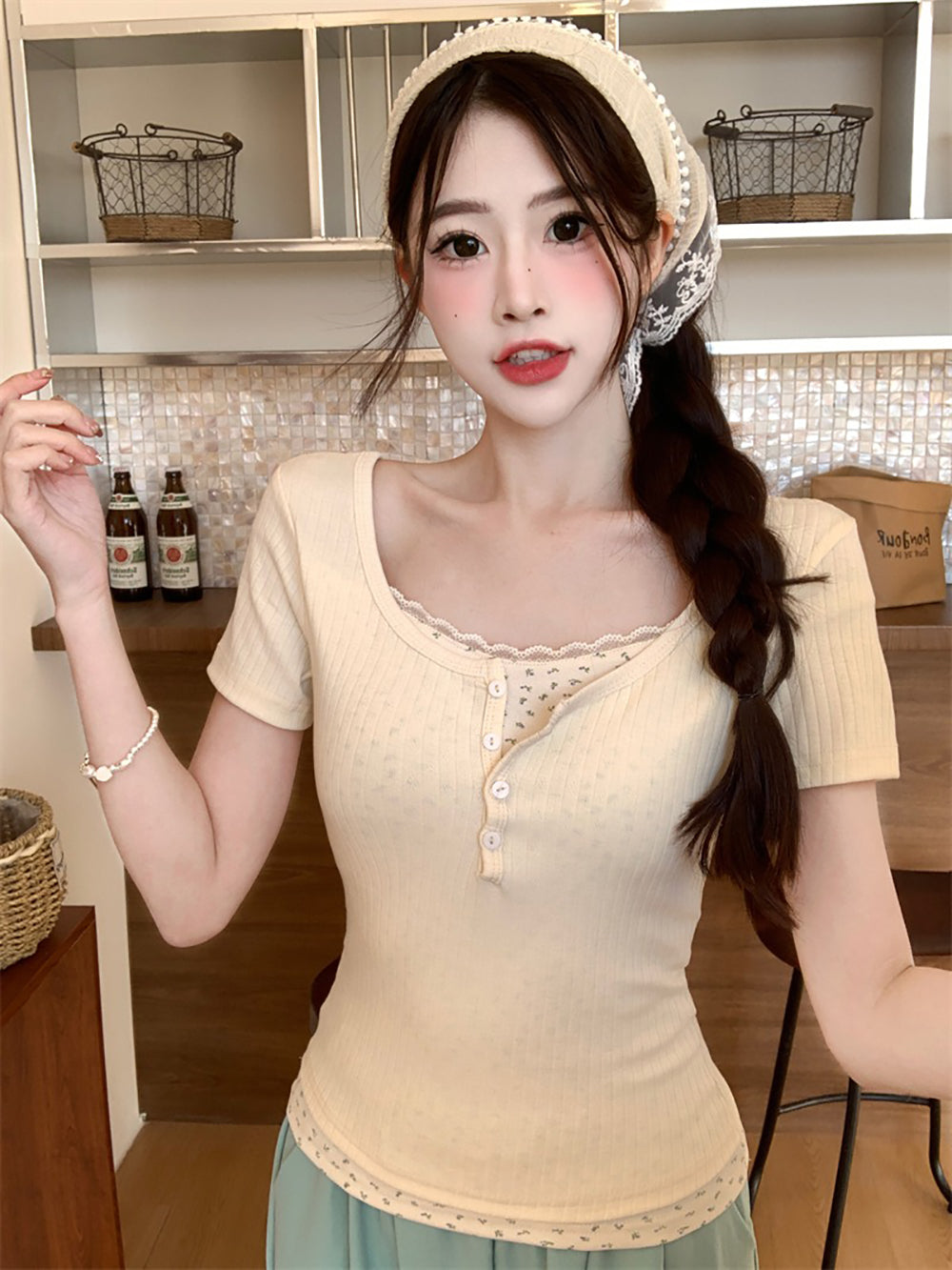 Print Lace Inserts Top