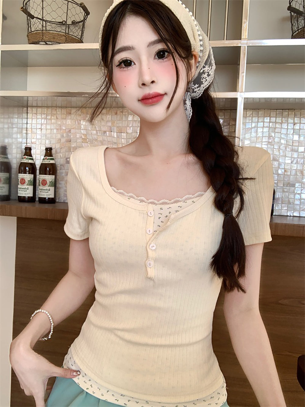 Print Lace Inserts Top
