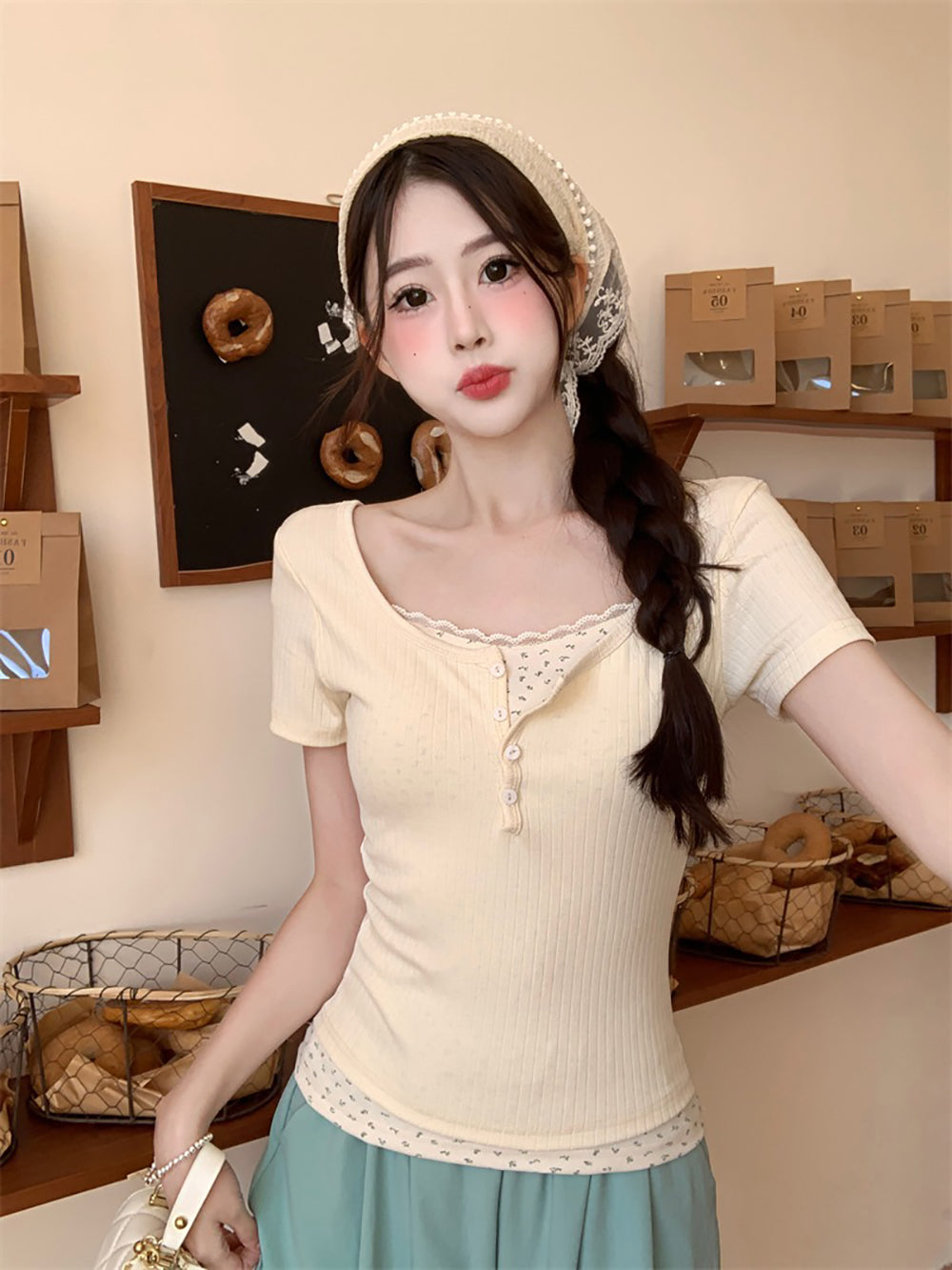 Print Lace Inserts Top