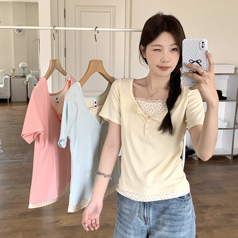 Print Lace Inserts Top