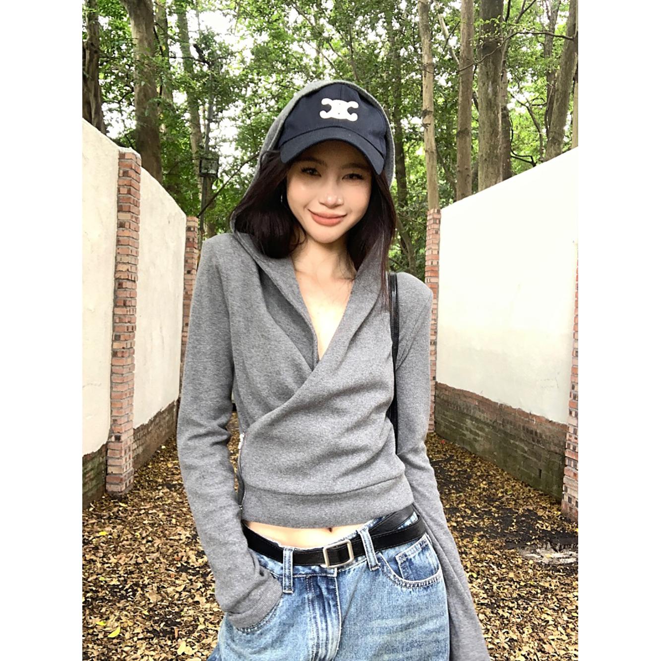 Women Grey Hooded Wrap Top
