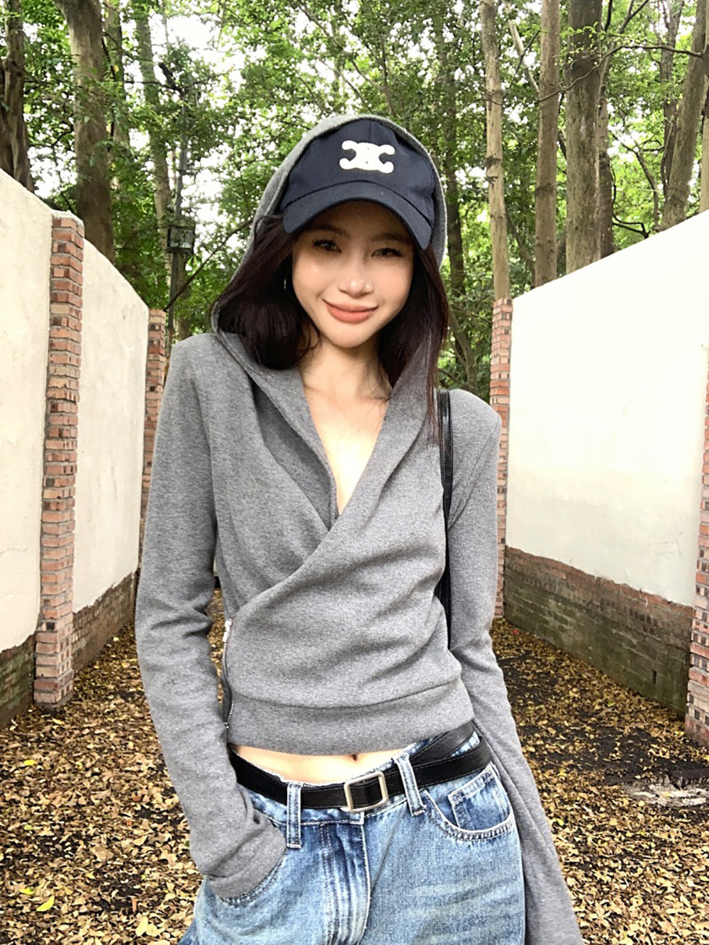 Women Grey Hooded Wrap Top
