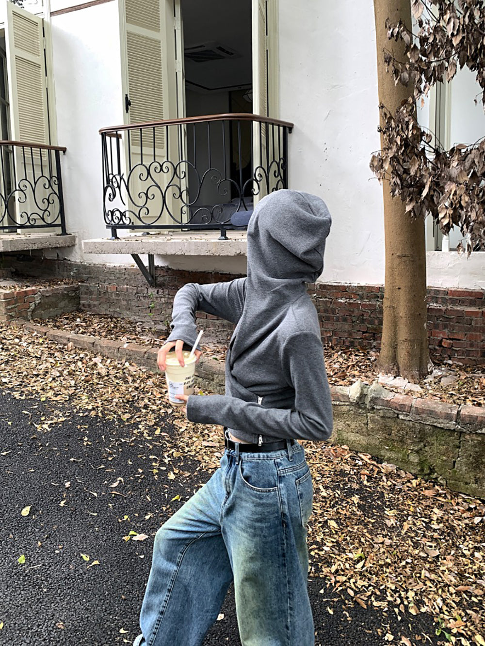Women Grey Hooded Wrap Top