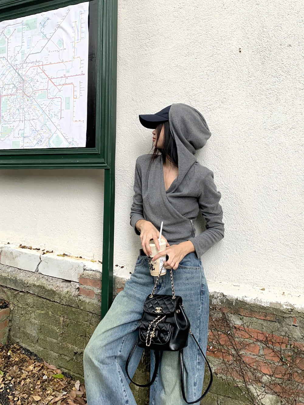 Women Grey Hooded Wrap Top