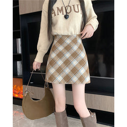 Khaki Checked Pencil Mini Skirt