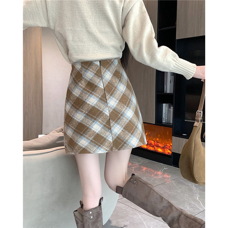 Khaki Checked Pencil Mini Skirt