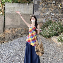 Women Checked Colourblocked High-Low Longline Top