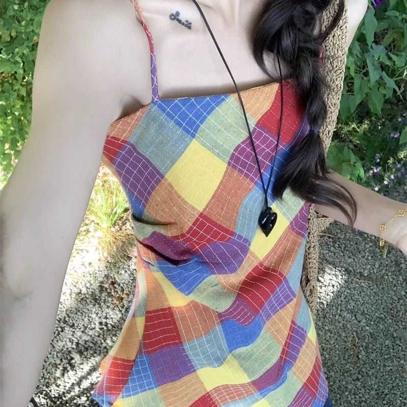Women Checked Colourblocked High-Low Longline Top