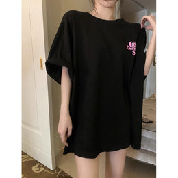 Black Typography Printed Drop Shoulder Sleeves Cotton Longline T-shirt