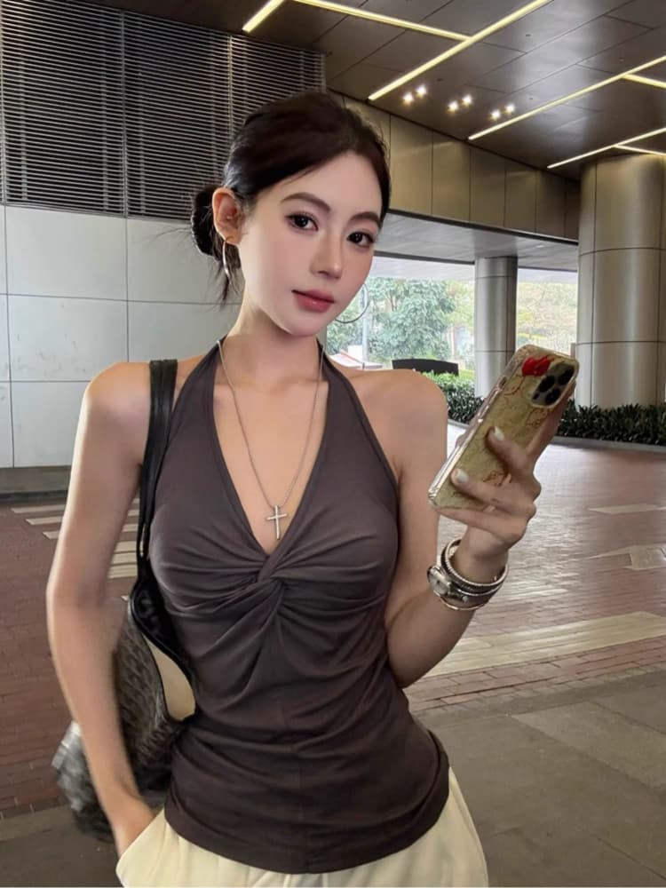 Women Solid Halter Neck Twisted Tank Top