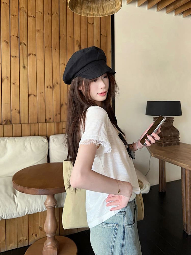 Women V-Neck Short Sleeves Crepe Top