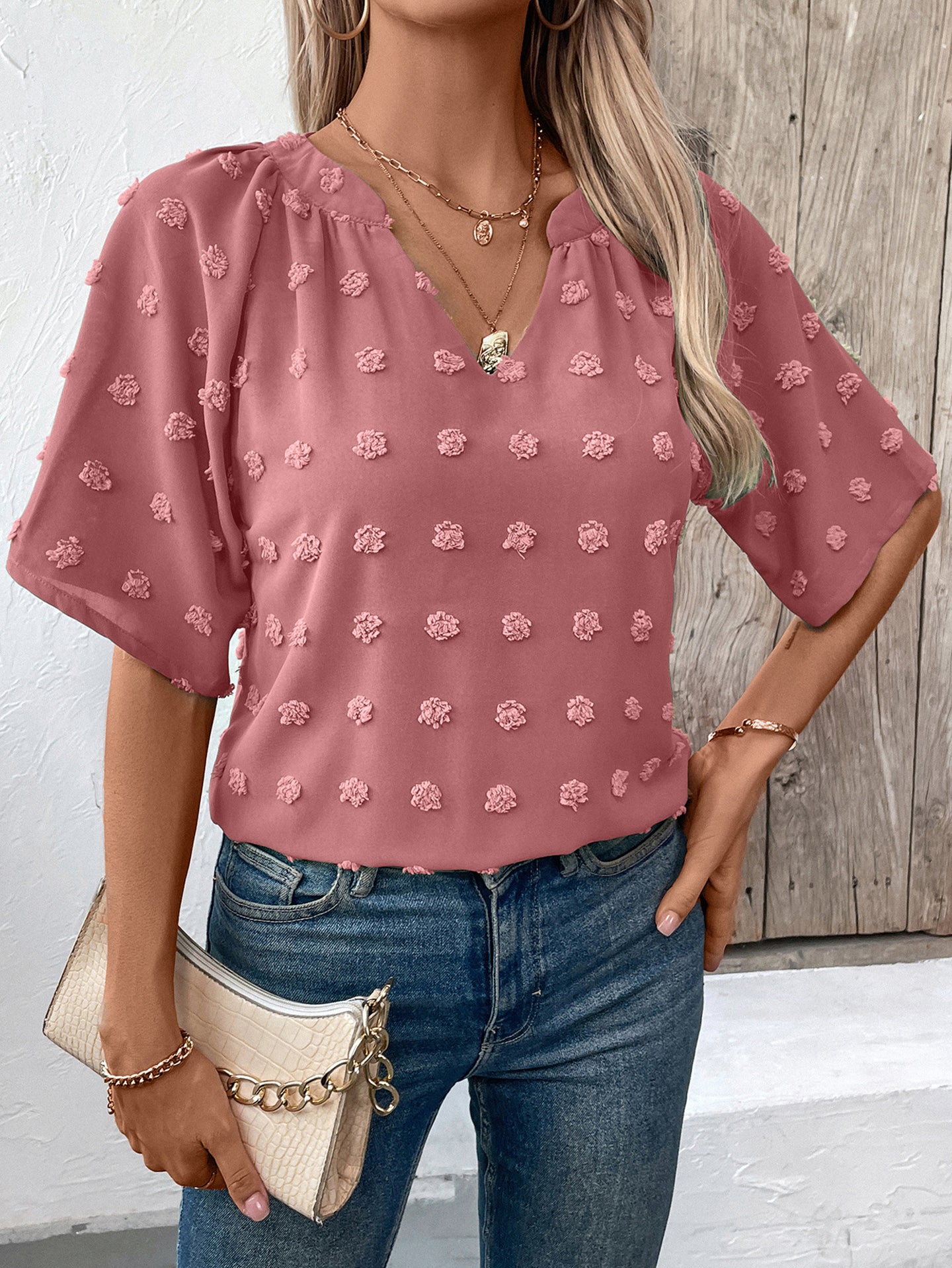 StyleCast Women Solid V-Neck Short Sleeve Top