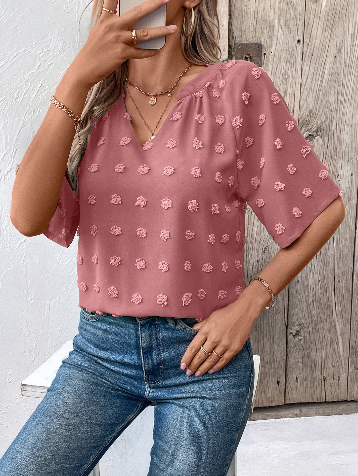 StyleCast Women Solid V-Neck Short Sleeve Top