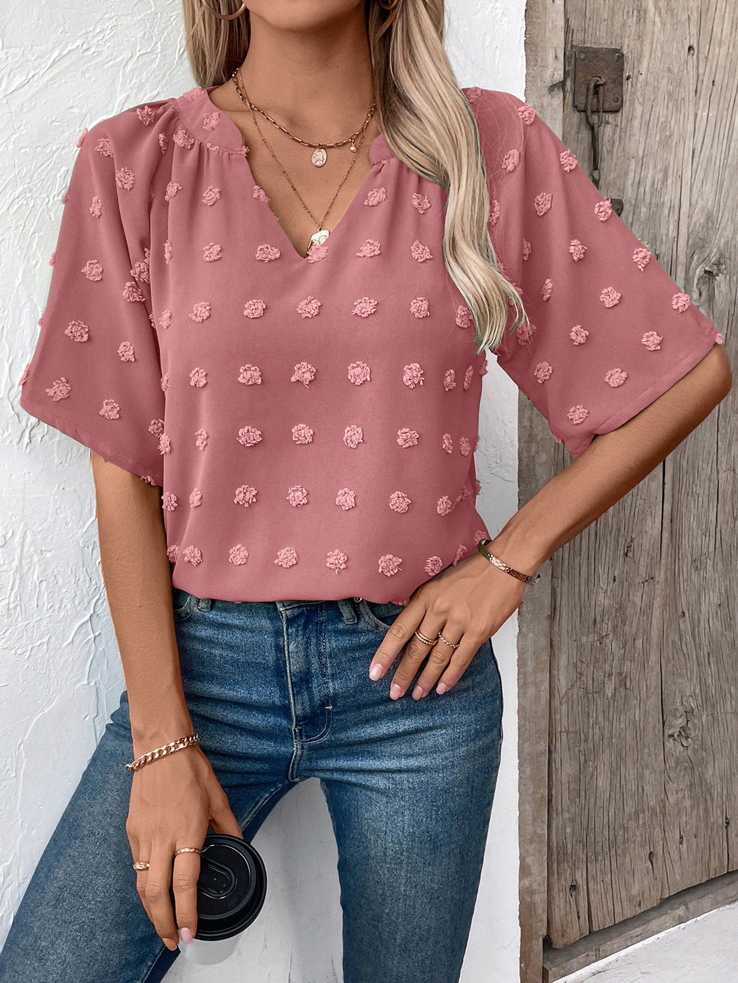 StyleCast Women Solid V-Neck Short Sleeve Top