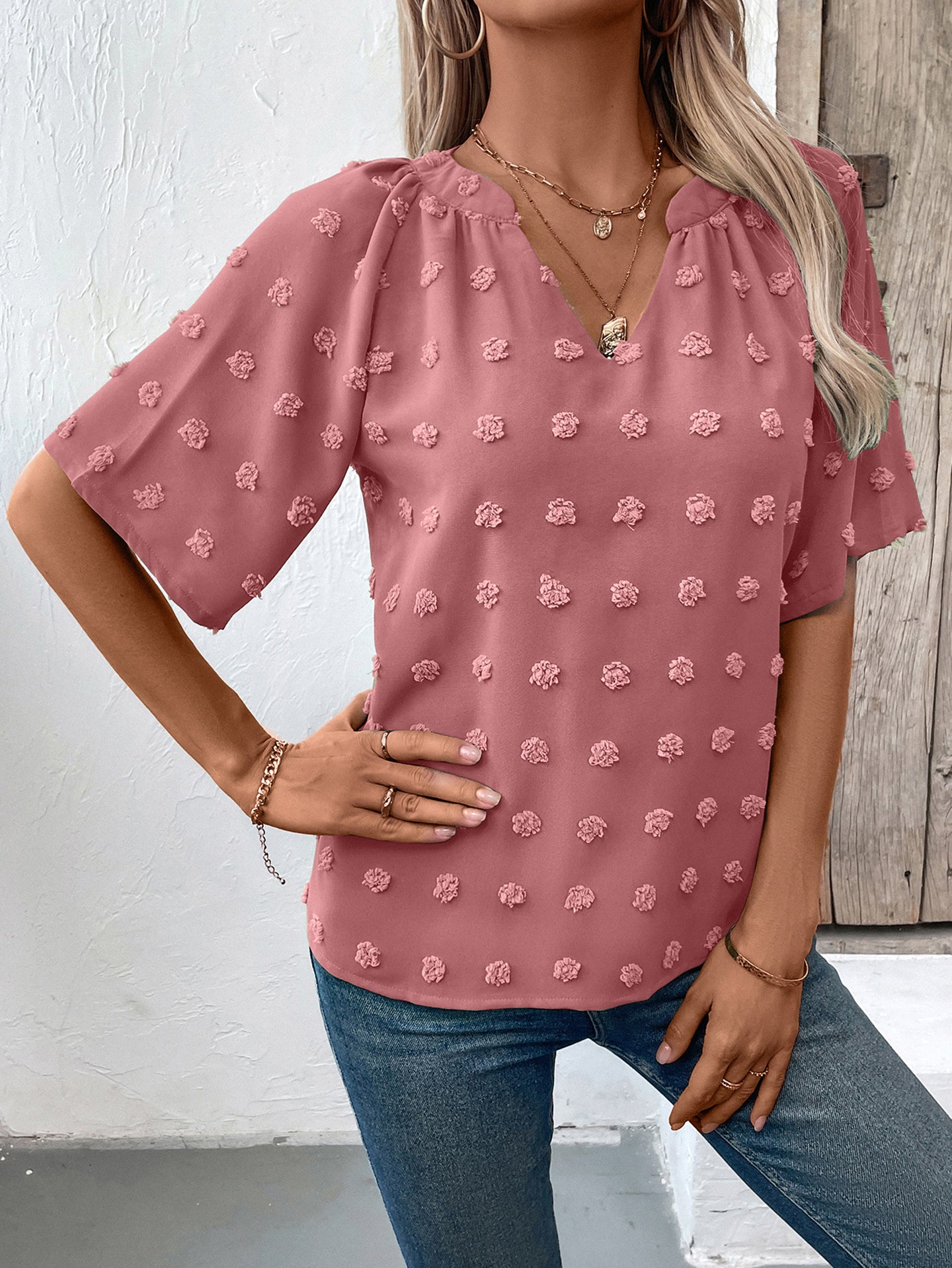 StyleCast Women Solid V-Neck Short Sleeve Top