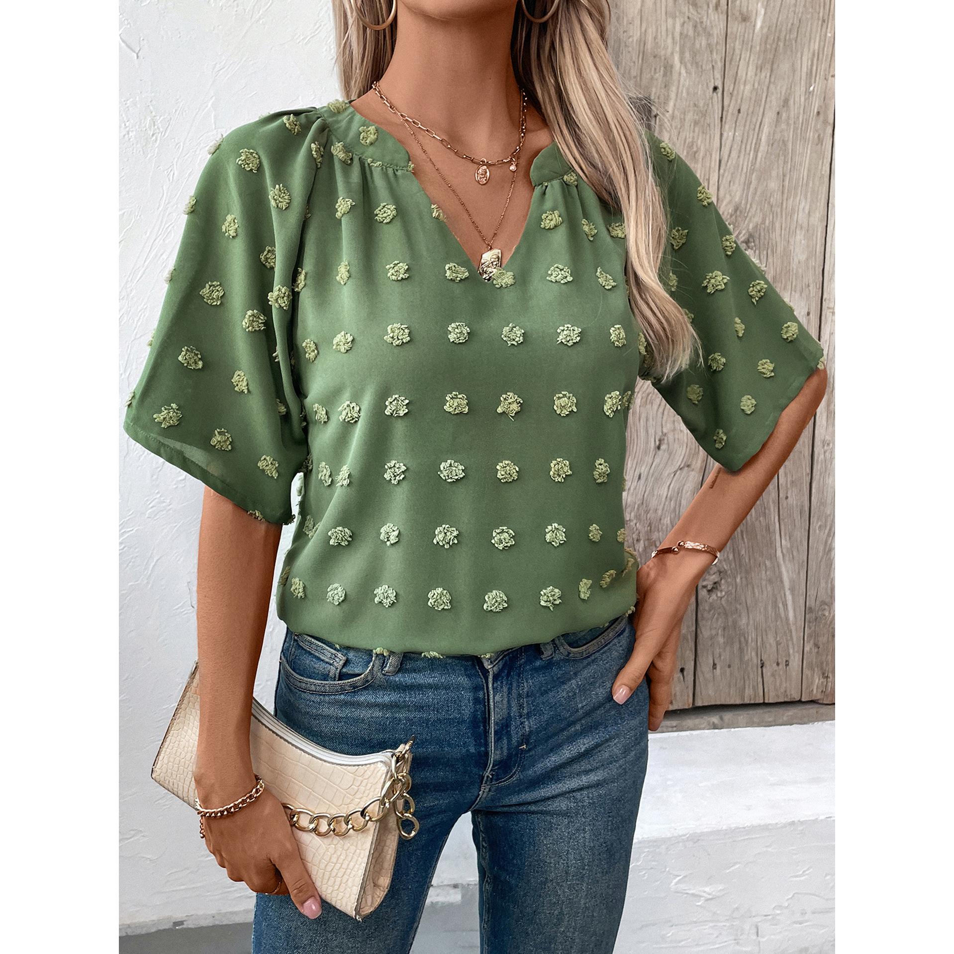 Green V-neck Short Sleeve Solid Top