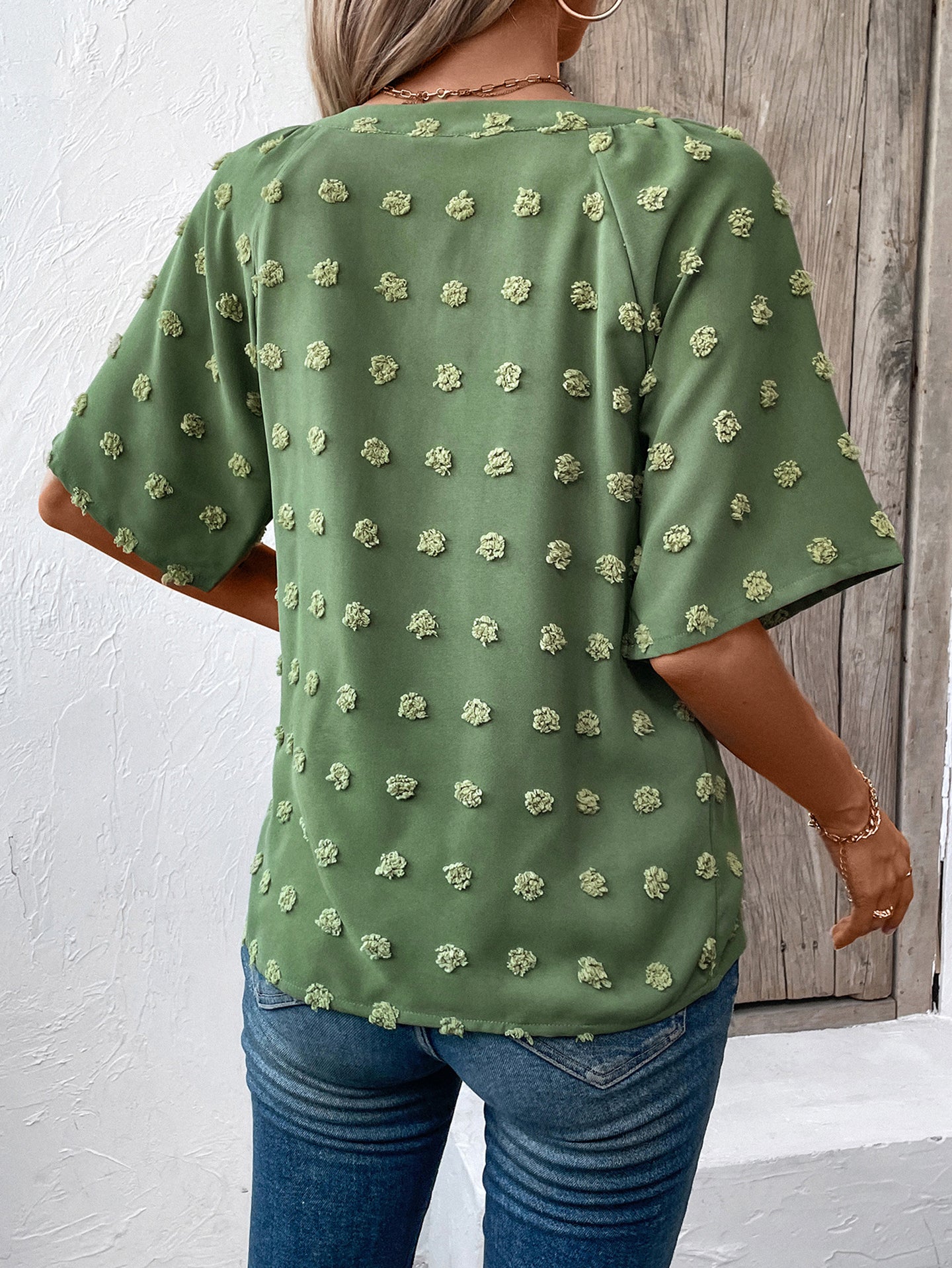 Green V-neck Short Sleeve Solid Top