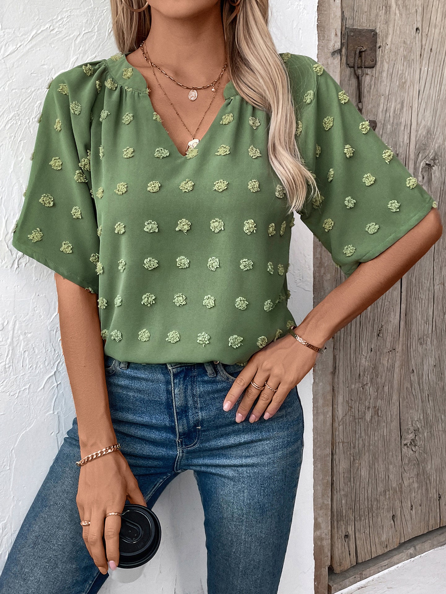 Green V-neck Short Sleeve Solid Top