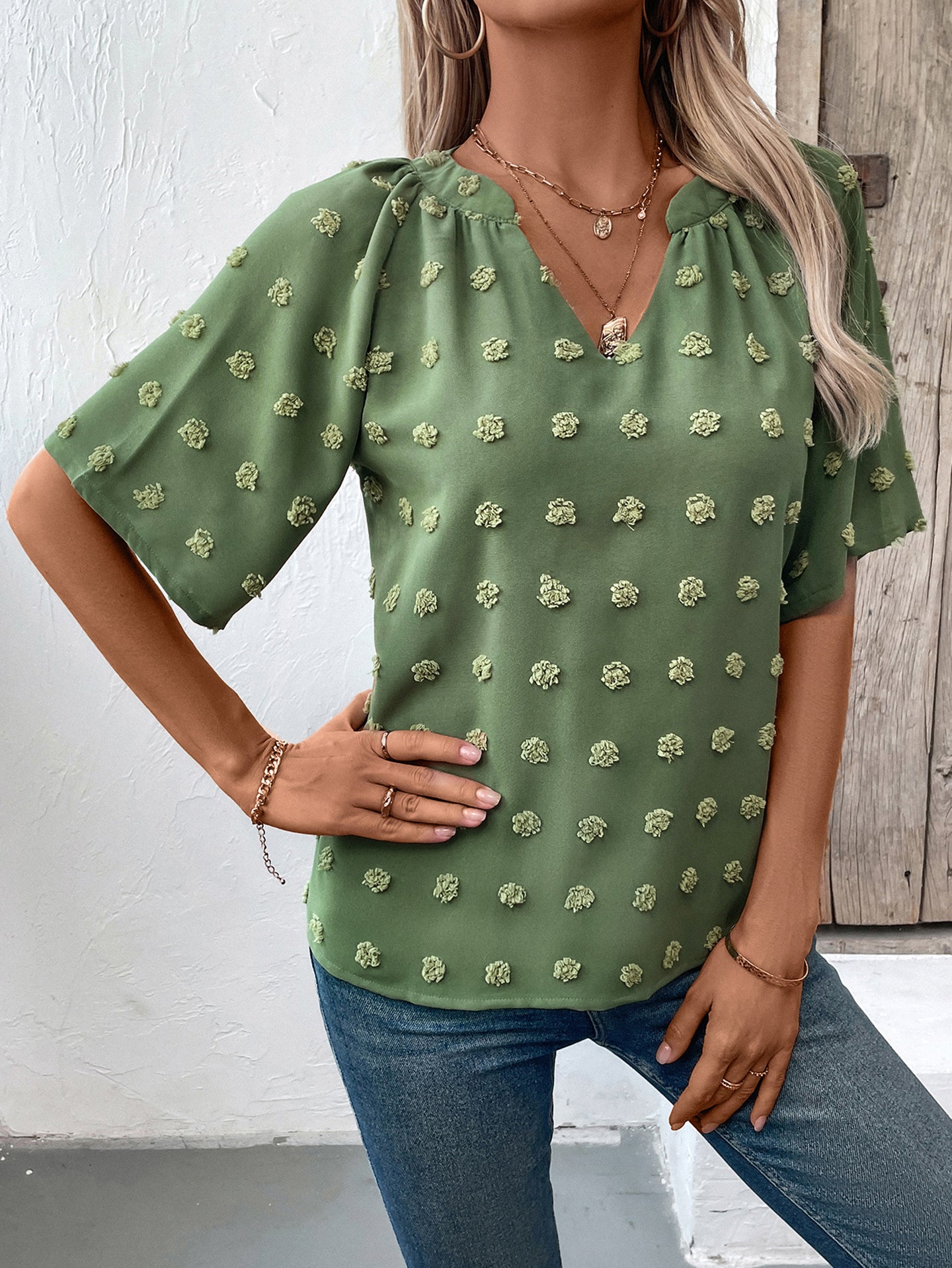 Green V-neck Short Sleeve Solid Top