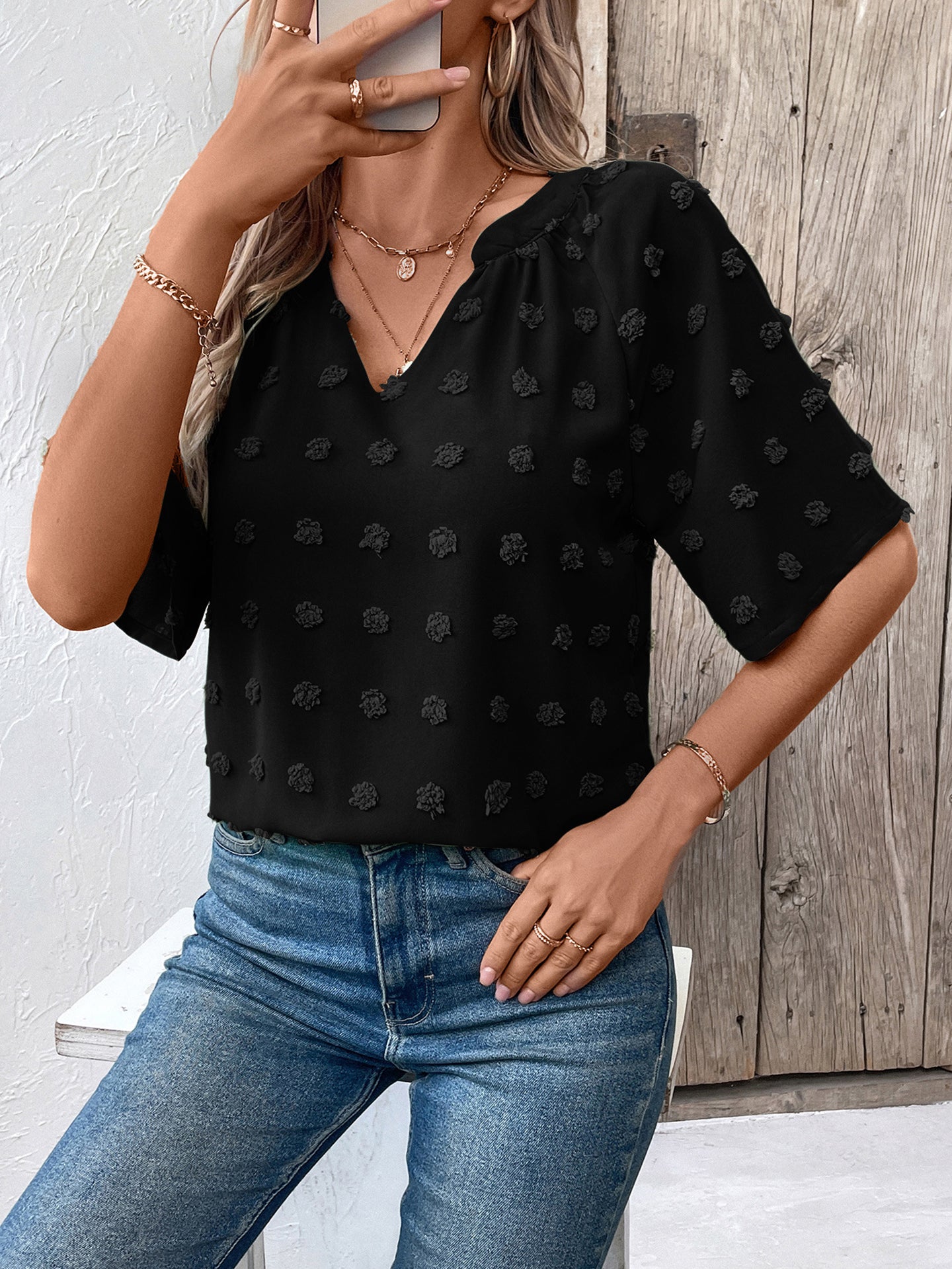 StyleCast Women Solid V-Neck Short Sleeve Top