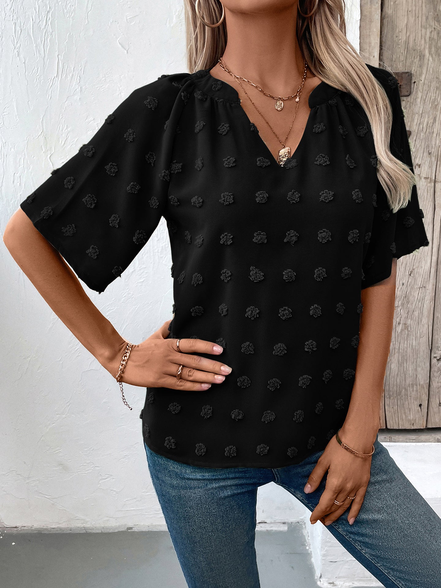 StyleCast Women Solid V-Neck Short Sleeve Top