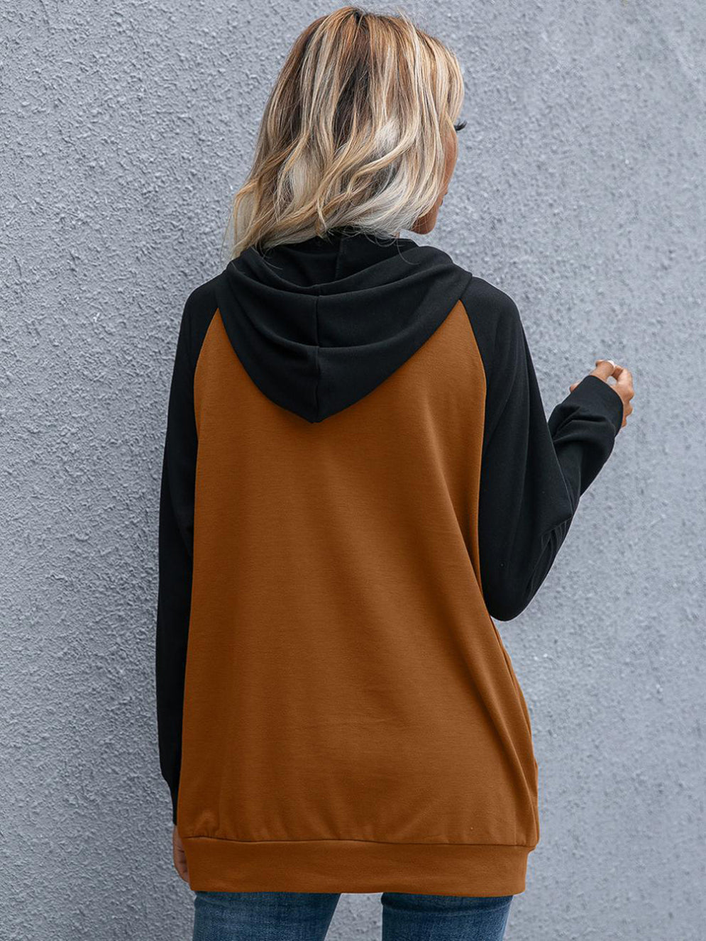 Women Brown Colourblocked Hooded Longline Sweatshirt