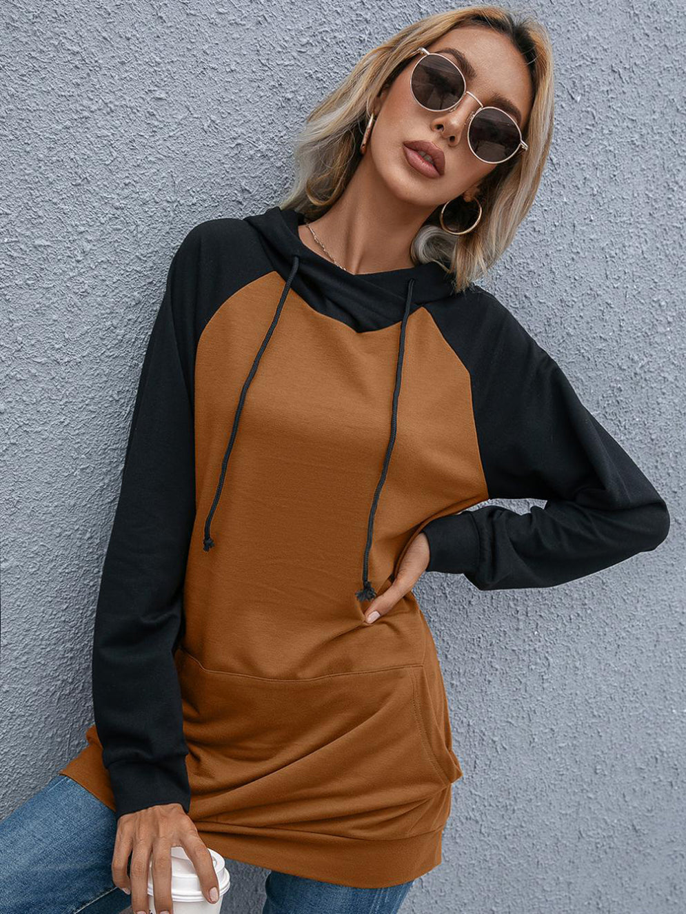 Women Brown Colourblocked Hooded Longline Sweatshirt