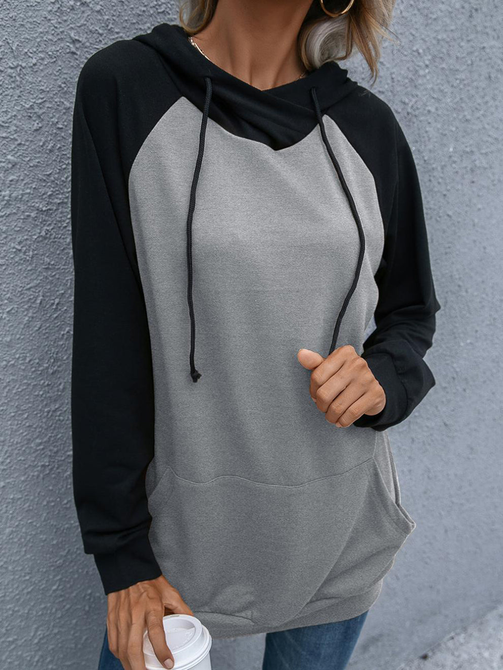 Women Grey Colourblocked Hooded Longline Sweatshirt